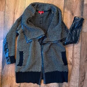 RED Saks Fifth Avenue Knit Cardigan Sweater – Leather Trim – Black & Ivory